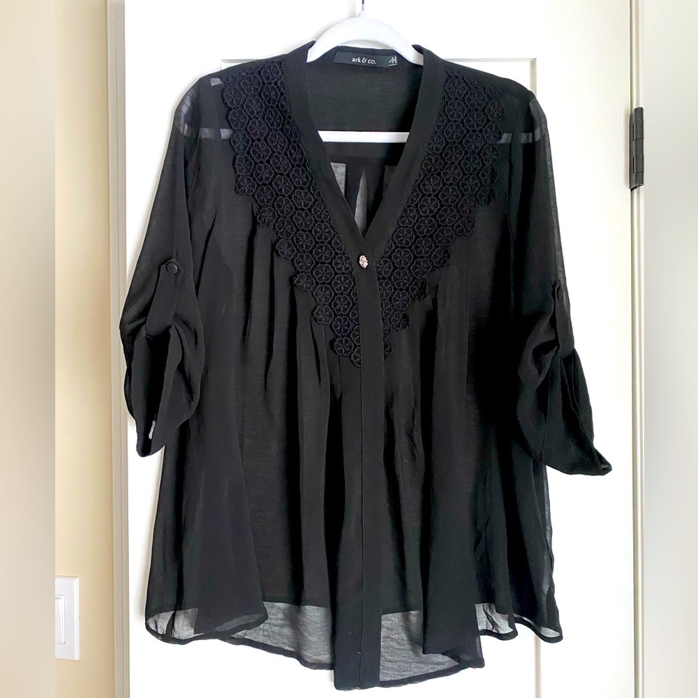 Ark&Co. Women's Lace Sheer Tunic Blouse Open Front One Button Top Size L Goth